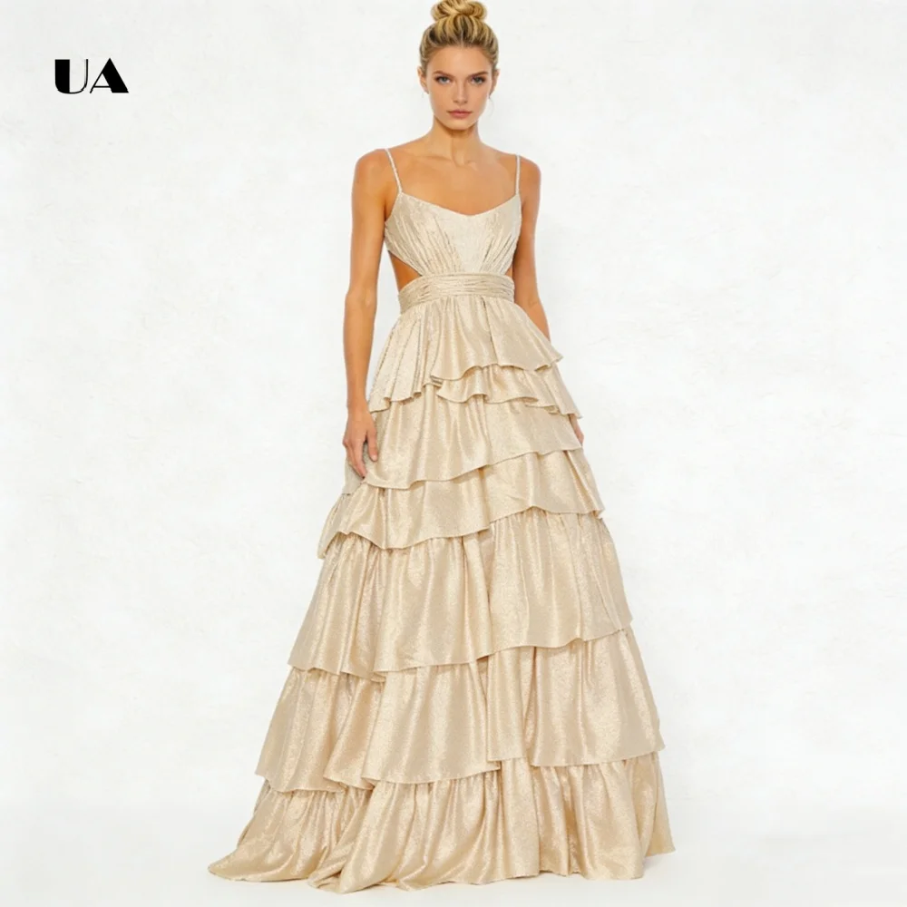 Vestido de baile ULBYANRY em cetim evasê com alças finas, vestido de noite com decote em V com babados em camadas, vestido de festa personalizado sem costas