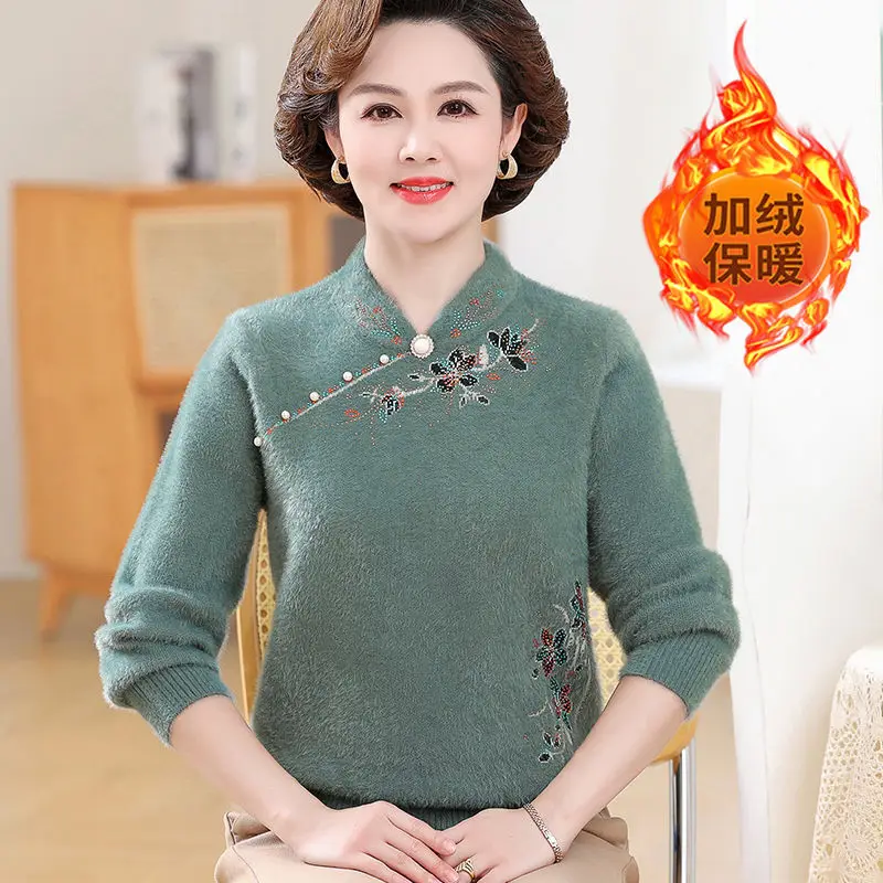 Thicken Mink Cashmere Women's Knitwear Pollover Top New Casual Warm Winter Middle Aged Mother Sweaters Knit Female Clothing