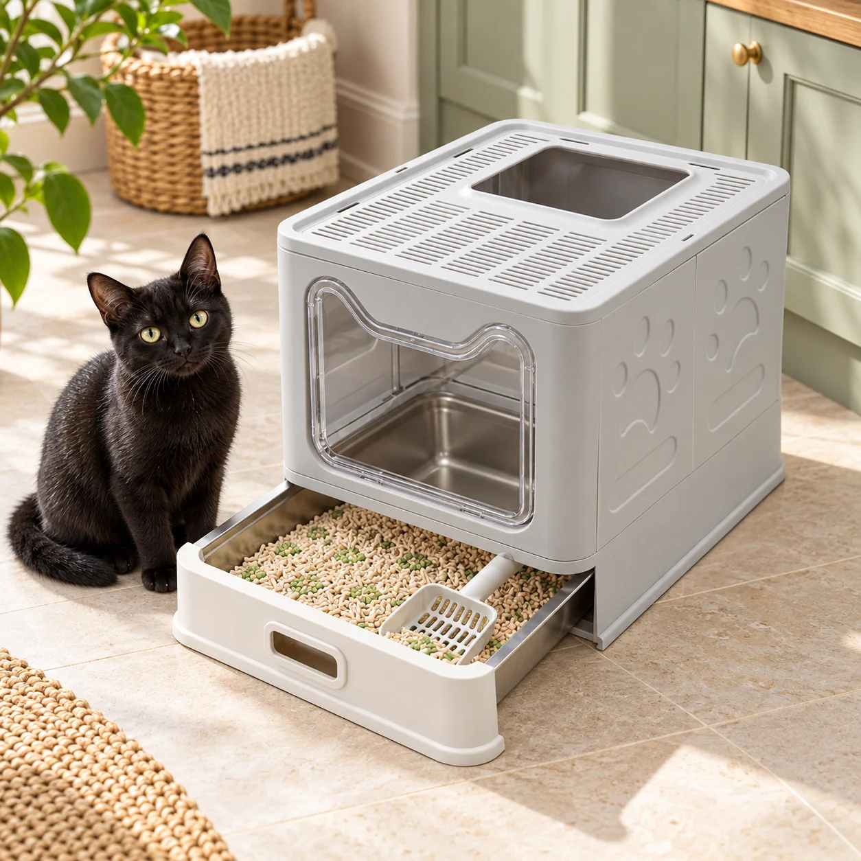 Enclosed Cat Litter Box with Pull-Out Stainless Steel Tray, Front Entry & Top Exit, Slotted Lid to Help Reduce Litter Tracking, Detachable PP Housing with Scoop, Easy-Clean Indoor Cat Toilet for Small Cats up to 5 kg, Grey, 38.3 X 48.5 X 38.5 cm