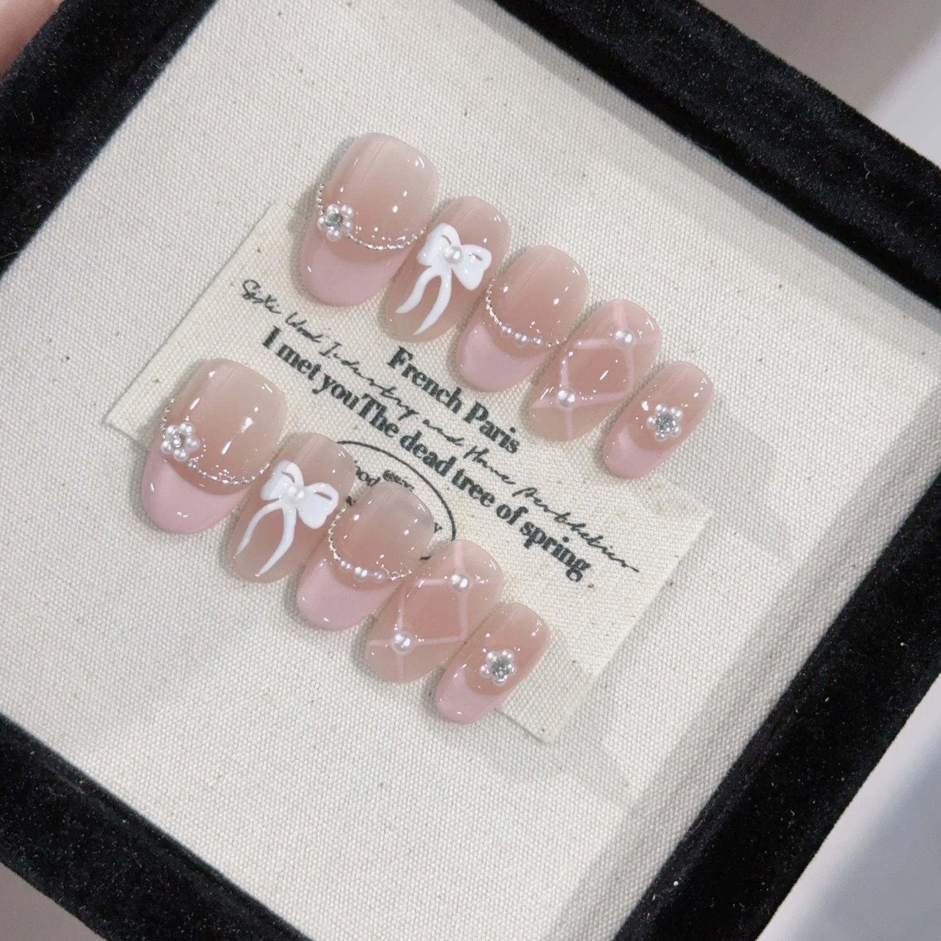 10 pezzi di balletto fatto a mano bianco francese rosa unghie finte bowknot perla stampa sulle unghie punte per unghie artificiali di mandorla