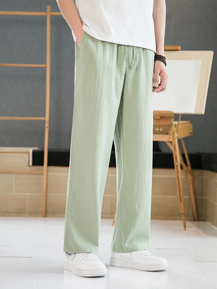 

Cleanfit Men's Light een Straight Leg Cotton Linen Casual Pants Drapey Wide Leg Nine Point High Waist Summer Leisure Trousers