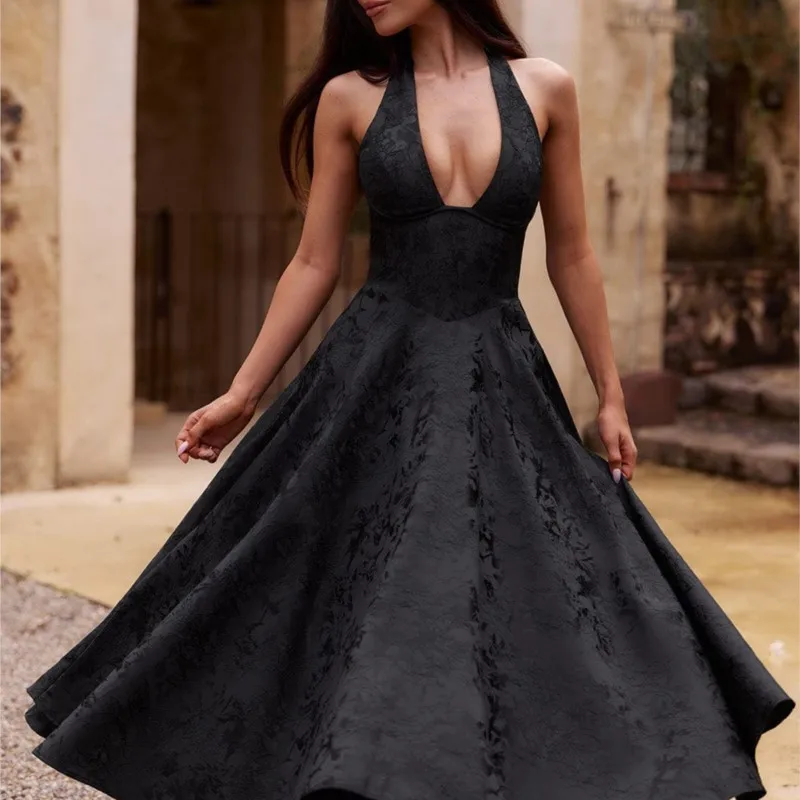 Elegant VคอHalter Tie-Up Jacquard Partyชุดผู้หญิงBackless A-Lineค็อกเทลพรหมGownsเซ็กซี่เสื้อคลุมใหม่ยาวVestidos