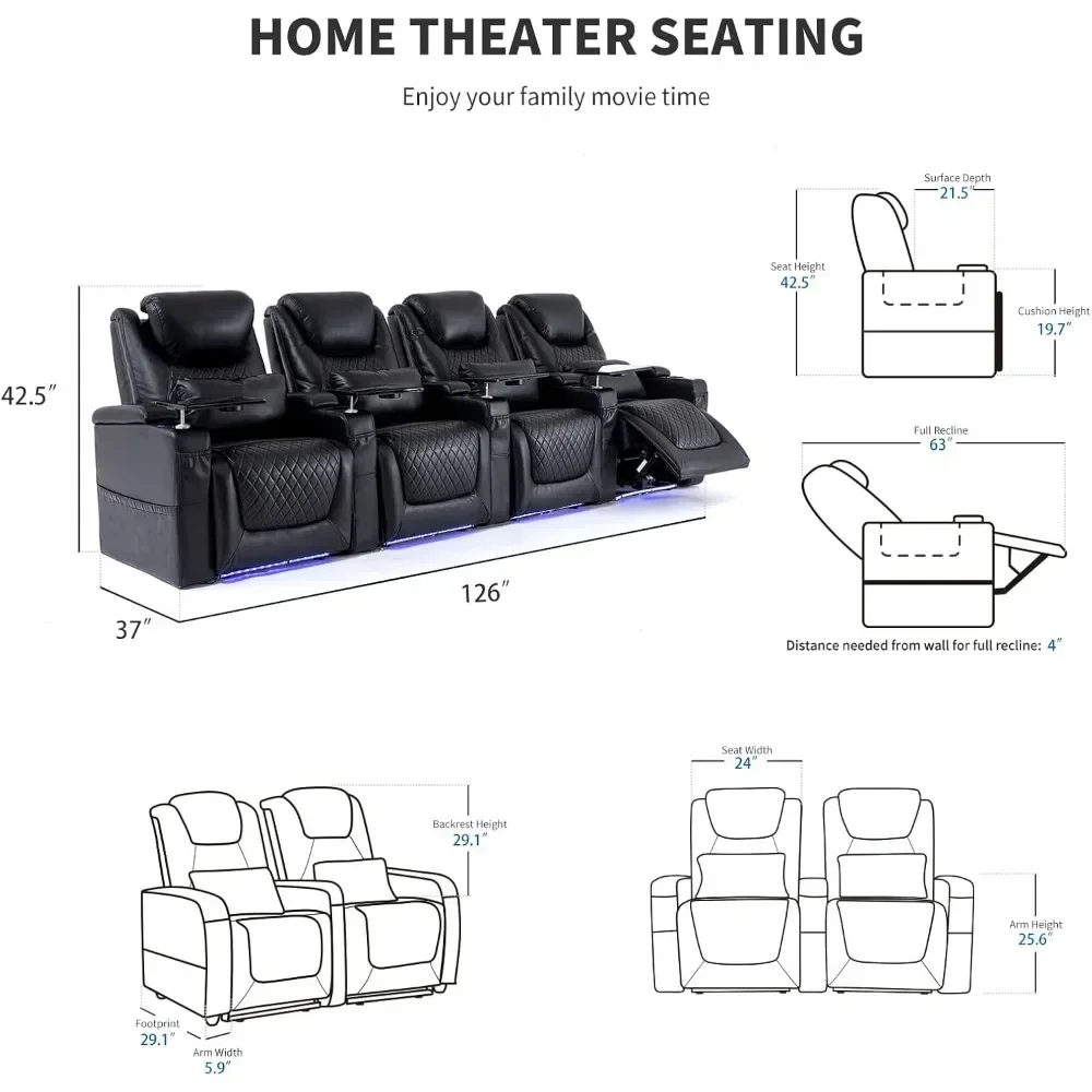 Reclining Sofas, 7 Colors Ambient Lighting, Lumbar Pillow, Side Pocket, Theater Recliner Chair Sofa Theater Sofas