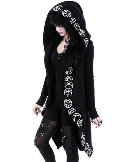 Gothic Punk Black Long Women Hoodies Sweatshirts 2022 Autumn Moon Print Long Sleeve Hoodie Women Loose Coat Hooded Sweatshirt