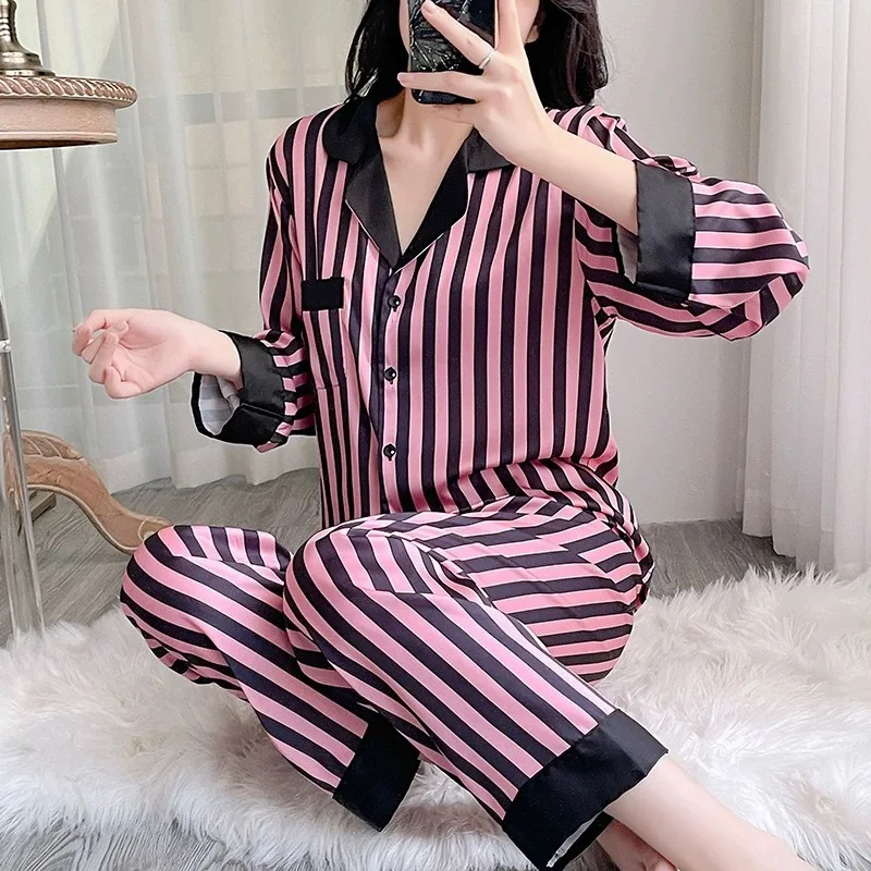 Sexy Nightwear Women\'s Autumn Winter Long-Sleeved Fashion Senior Sense Temperament Ladies Homewear Suit Striped Cardigan Lapel