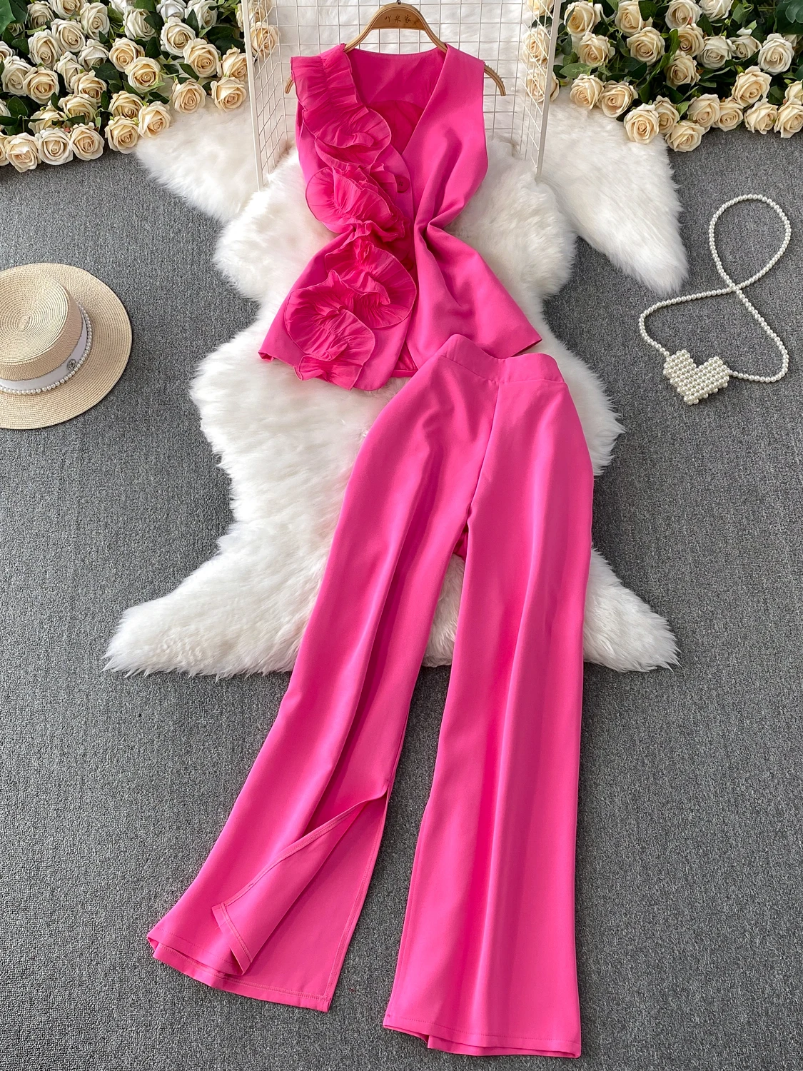 

Ele V-ne Svel Vest Top + High Waist Slimming Split Wide Leg Pants Two-piece Set Faionable Summer Outfit for Women