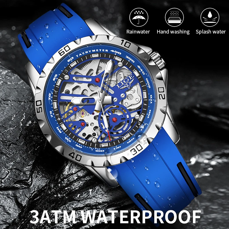 Relogio LIGE Fashion Silicone Strap Men Mechanical Wrist Watches Casual Waterproof Automatic Watch Man Tourbillon Luminous Clock