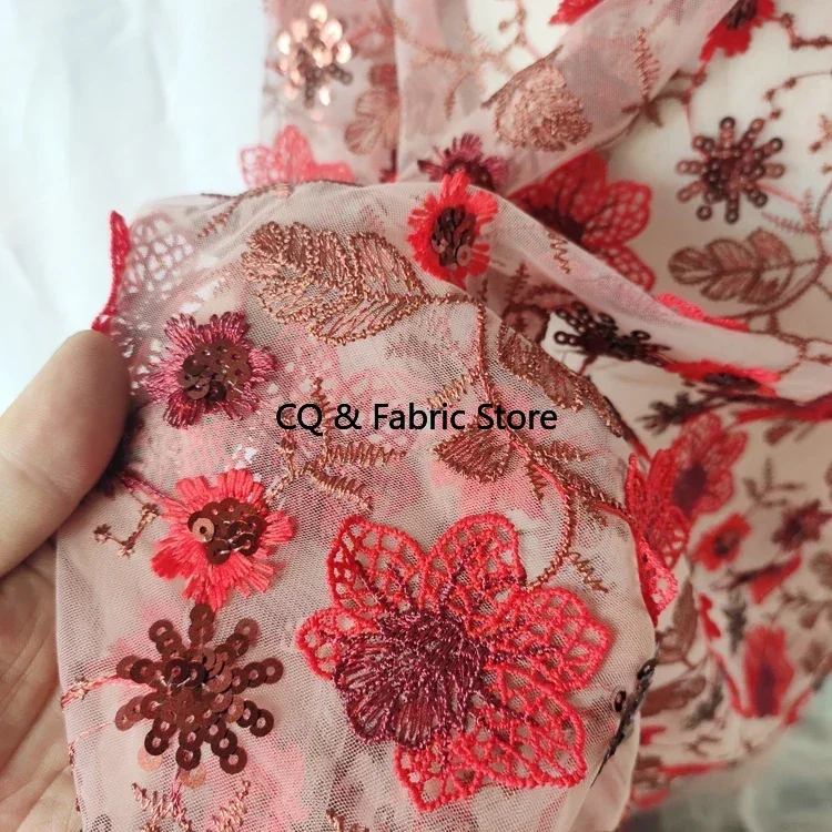 

New Wine Red Three-dimensional Flower Sequin Embroidery Lace Fabric For Dress Skirt Cheongsam Clothing Accessories