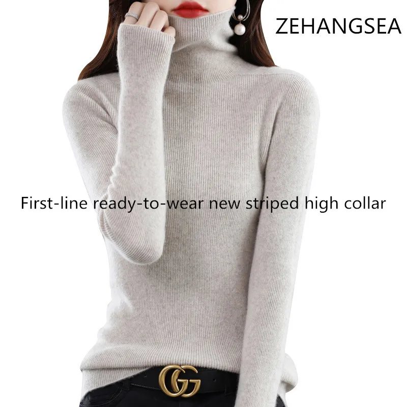 

100% Australian wool first-line ready-to-wear sweaters with large elastic high-necked vertical female pullovers sell well in new