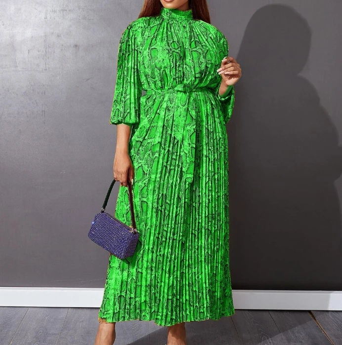 

New Fashion 2024 Summer Casual Dresses for Women Elegant Printed Pleated Lace Up Long Dress Female Clothing Outfits