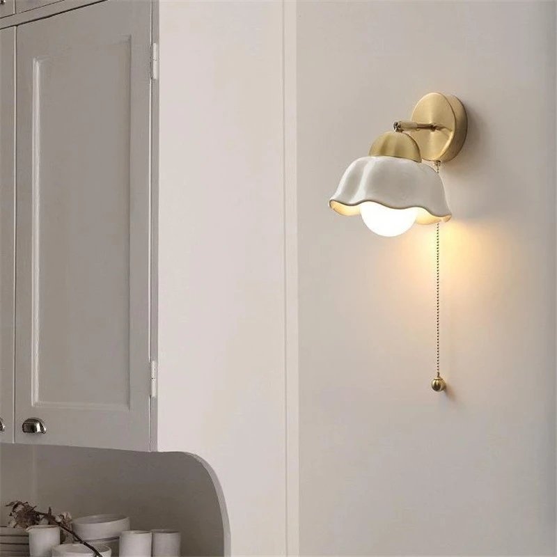 Modern Ceramic Wall Lamp Pull Switch Led European Simple Bedside Lamps Living Room Study Iron Art Wall Lighting