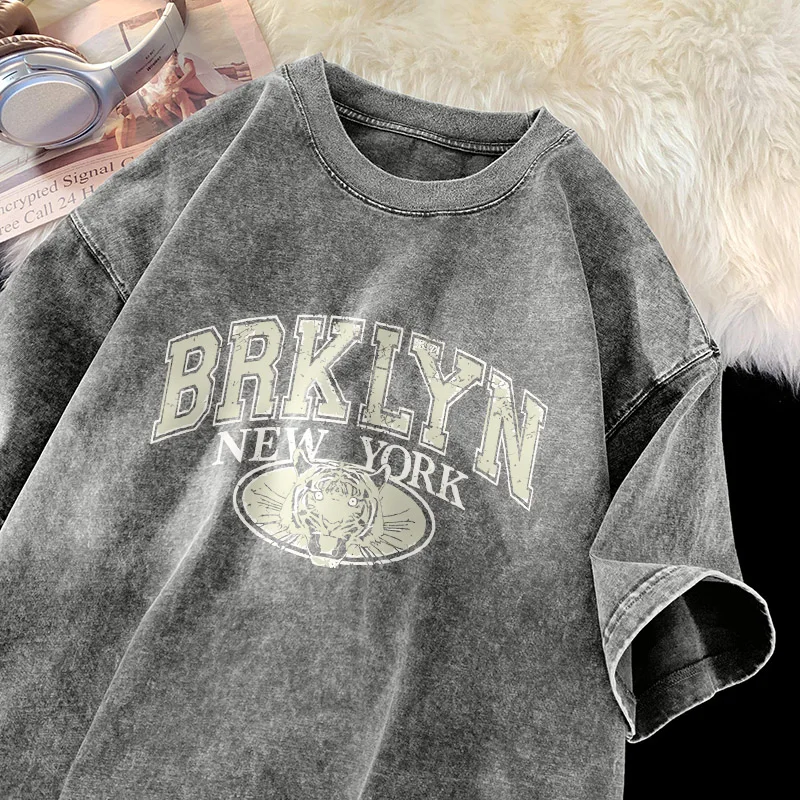 New York Brooklyn T-shirt Men Retro Tiger Print Shirt Cotton Vintage Washed Short Sleeve Summer Soft Comfort T-shirts Men Tiki