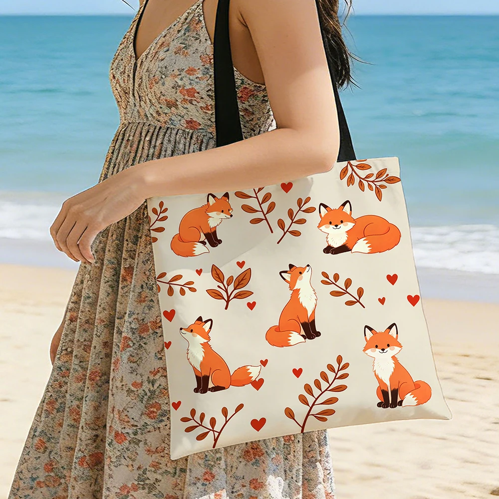 Cute Red Fox & Autumn Leaves Canvas Tote Bag  Sweet Forest Fox Pattern with Red Hearts and Branch Print, Eco-Friendly Cream Sho