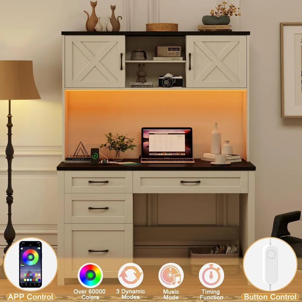 مكتب تنفيذي مزود بخزانة، و4 أدراج، وإضاءة LED، وخزانة تخزين، وأدراج الملفات، ومحطة شحن