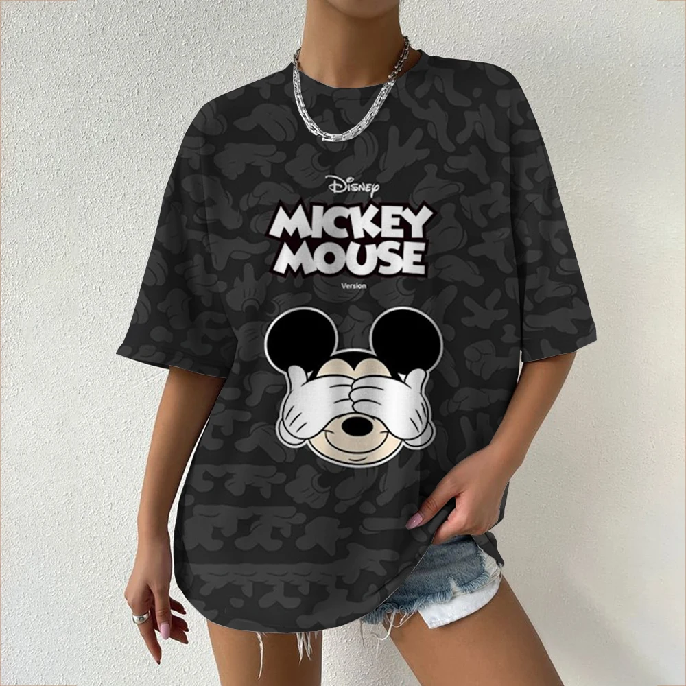 

Disney Mickey Mouse Black Summer T-shirt Logo Camouflage Pattern Printed Short Sleeve Extra Large Casual Fashion Women's T-shirt