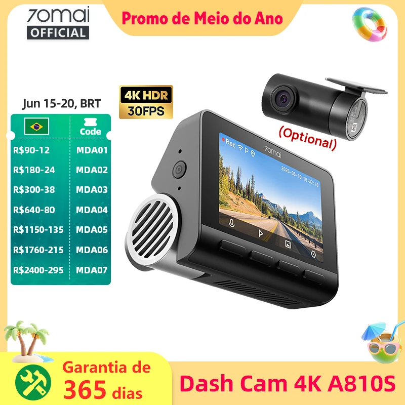 Nova Câmera Veicular 70mai A810S 4K HDR GPS ADAS com Gravação Automática, Detecção de Movimento de Canal Duplo, Suporte 4G LTE, DVR Automotivo 70mai A810S Versão Global
