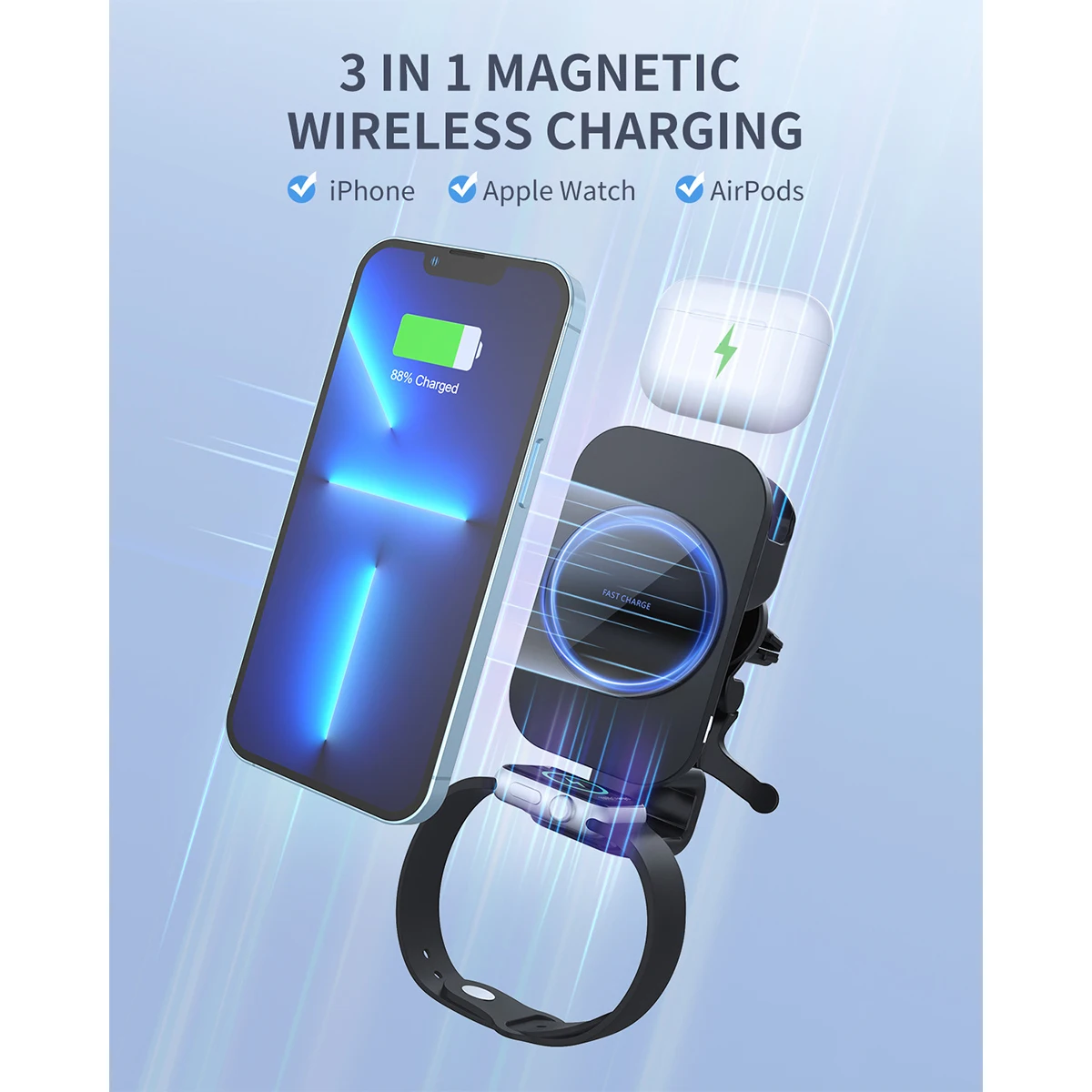 Supporto per telefono magnetico 3 in 1 per auto, ricarica wireless, per iPhone Airpods Apple Watch con braccio lungo flessibile resistente per presa d'aria