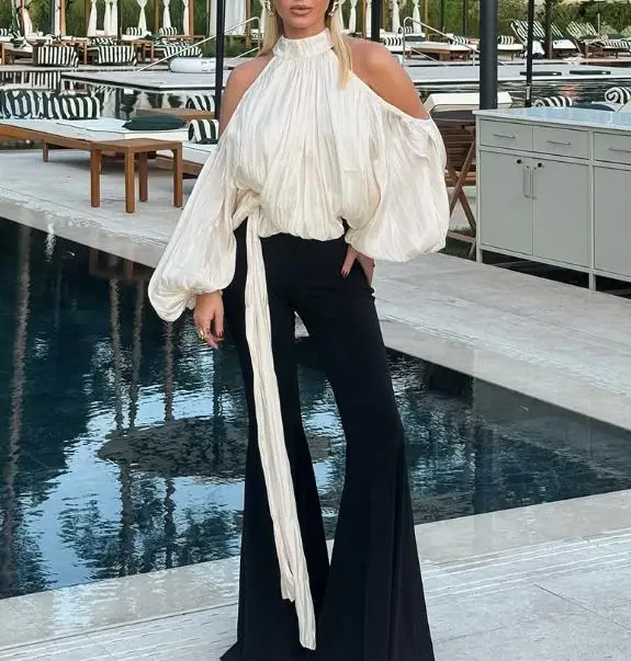 

Шелковая женская рубашка с элегантным темпераментом, дизайн с открытыми плечами, рубашка с рукавами-фонариками, подходящая для банкетов и вечеринок.