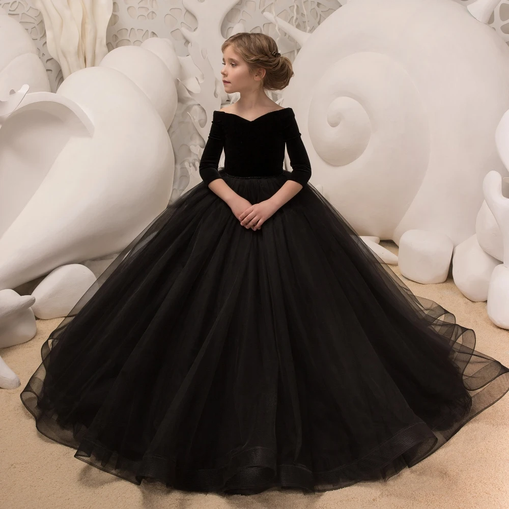 

Customized Sparkly Black Long Sleeve Flower Girl Dress For Wedding Ball Gown Kids Pageant Gowns First Communion Dress YFD029