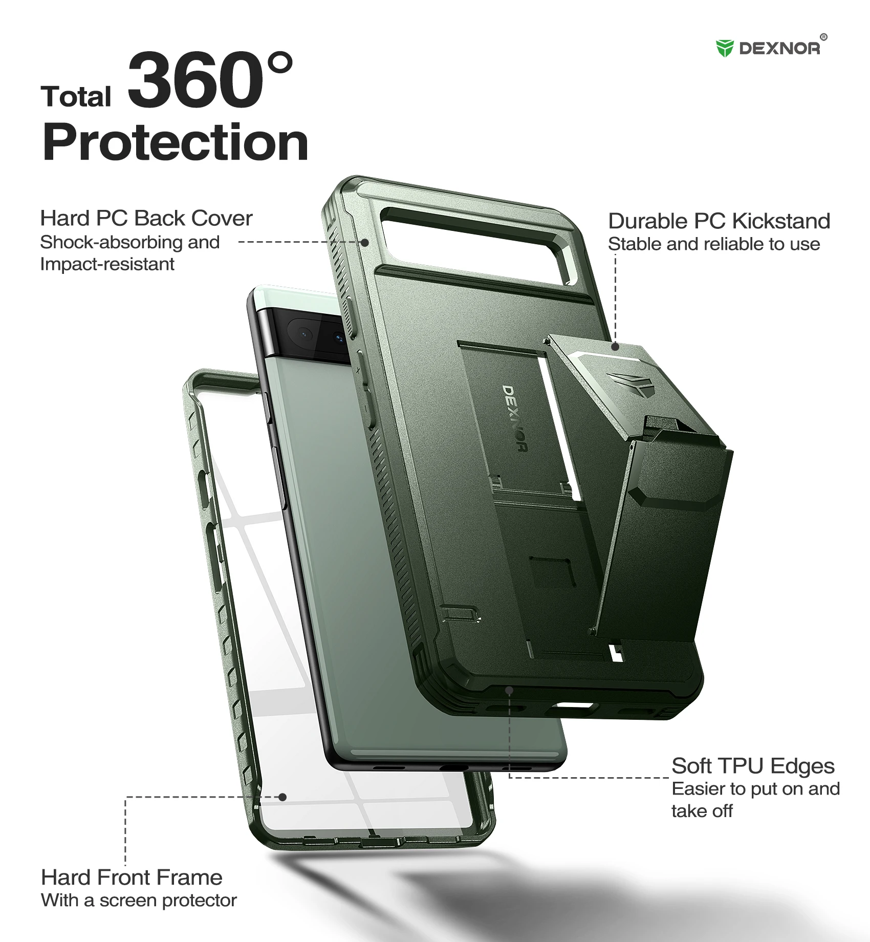 For Google Pixel 6A Full Body Heavy Duty Military Protection Shockproof Protective Bracket Case With Built in Screen Protector