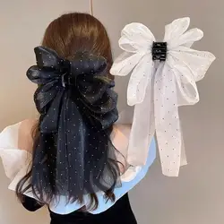 Large Mesh Bow Hair Claw Clip Sweet Elegant Simple Hairpin Women Ponytail Hair Crab Clip Girls Ribbon Non-slip Hair Accessories