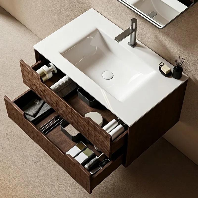Retro woven pattern bathroom cabinet hexagonal smart mirror integrated basin, home improvement hotel engineering custom bathroom