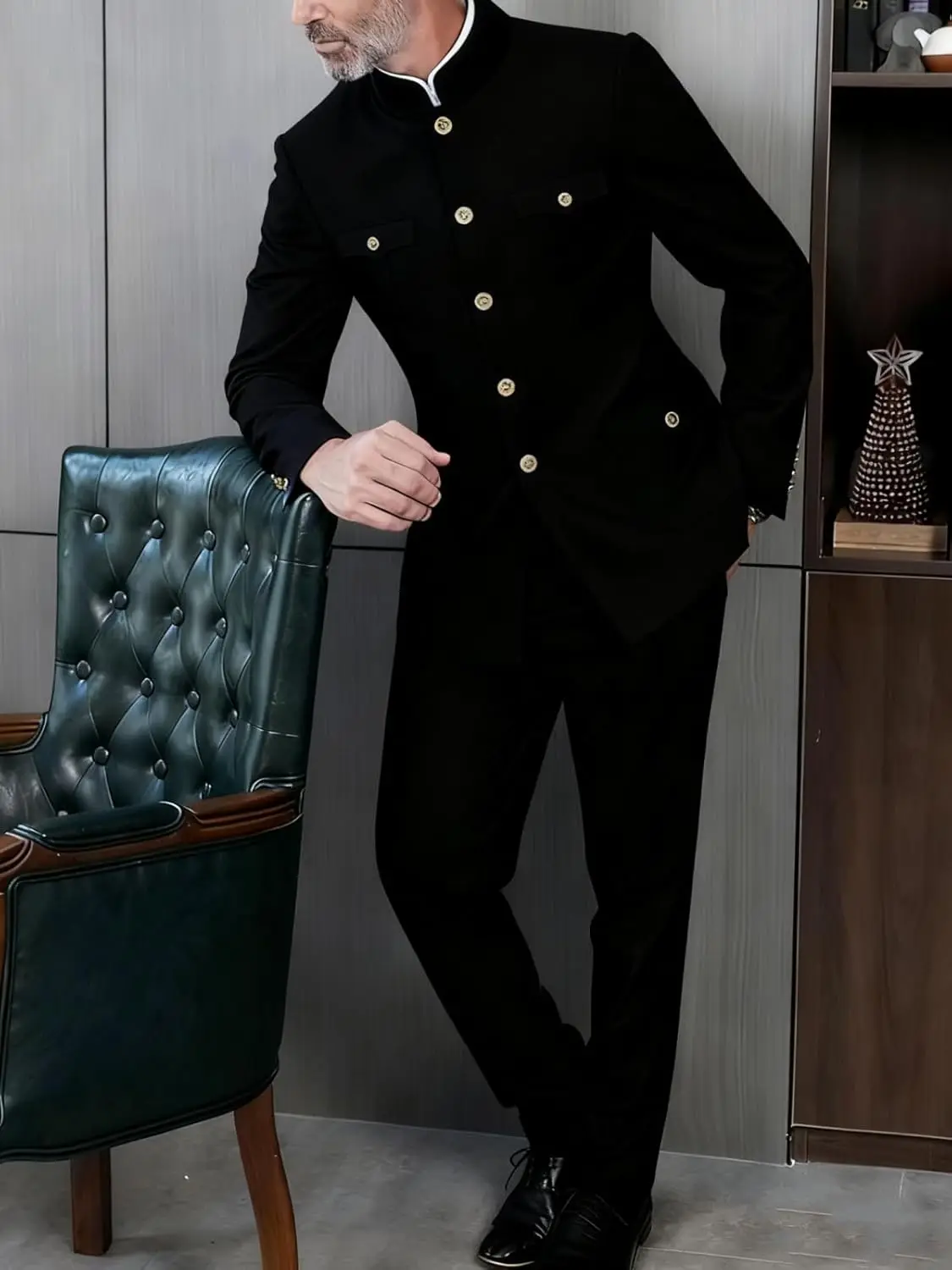 2 Pieces Mandarin Collar Suits for Men Chinese Tunic Suit Gold Button Jacket Pant Set Wedding Prom