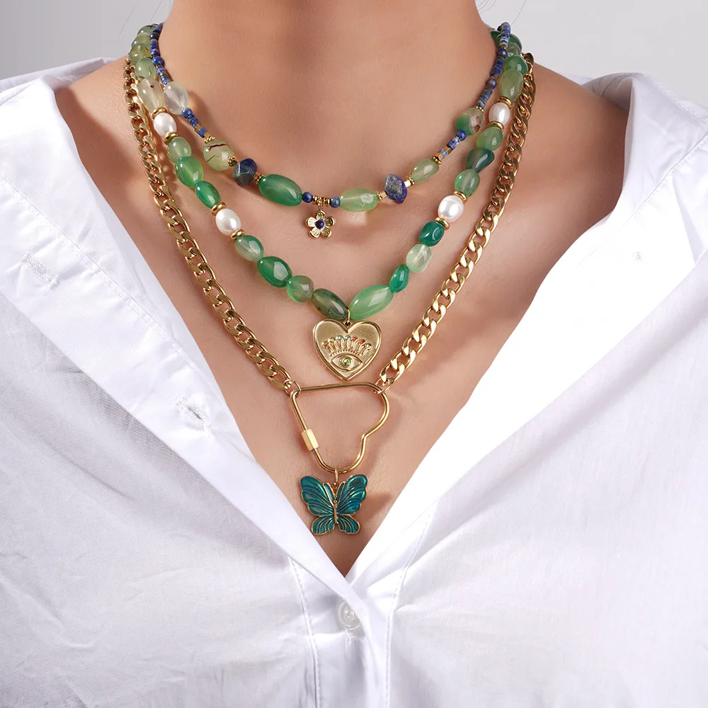 

Keen on Necklace Stainless Steel Niche Design Natural Stone Retro Devil's Eye Lapis Lazuli Natural Stone Sweater Chain