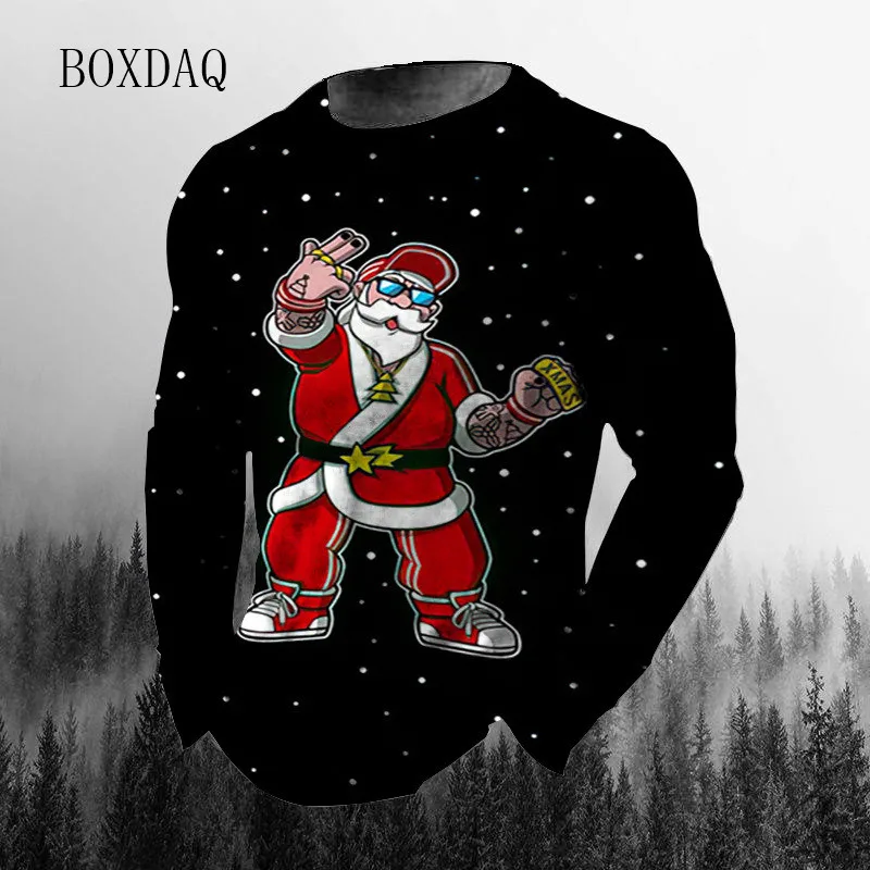 Santa Claus Pattern Men\'s Fashion T-shirts Autumn Winter Long Sleeve Cotton Christmas Tops 6XL Big Size Man Clothing Street Tees