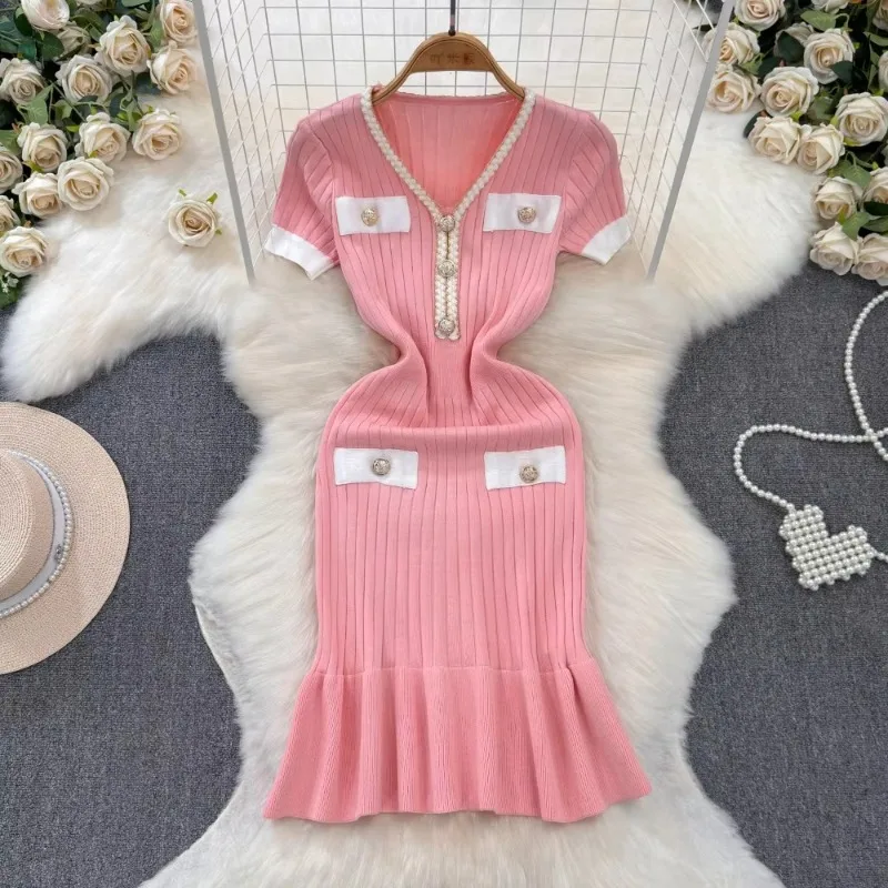 Sexy Chic Elastic V Neck Metal Buckle Knit Memaid Dress Vestidos Korean Fashion Party Basic Slim Summer Elegant Women Dresses