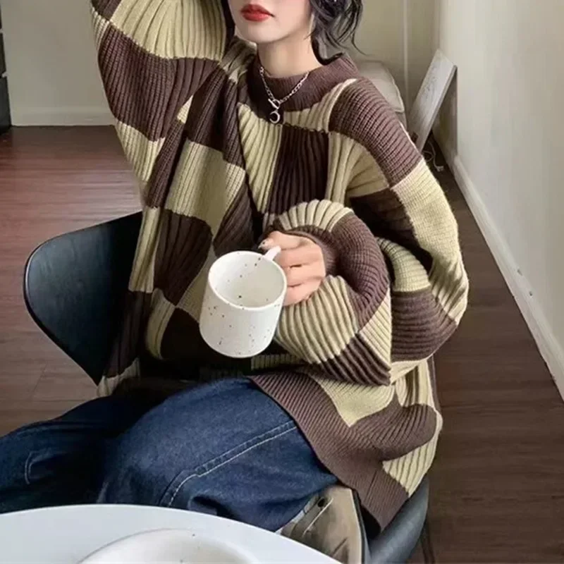 

Spring Autumn Women Checkerboard Knitted Sweater Autumn Korean Casual Warm Loose Long Sleeve Top Female Streetwear Y2k Clothes