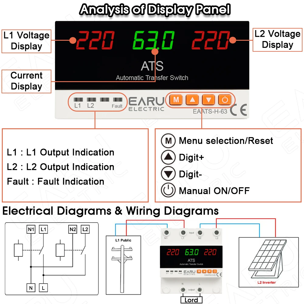 EARU 63A 100A ATS Einstellbares Über-/Unterstrom- und Spannungsschutzrelais, Dual-Power Automatischer Umschalter, Konverter, Überwachung – Detail 4