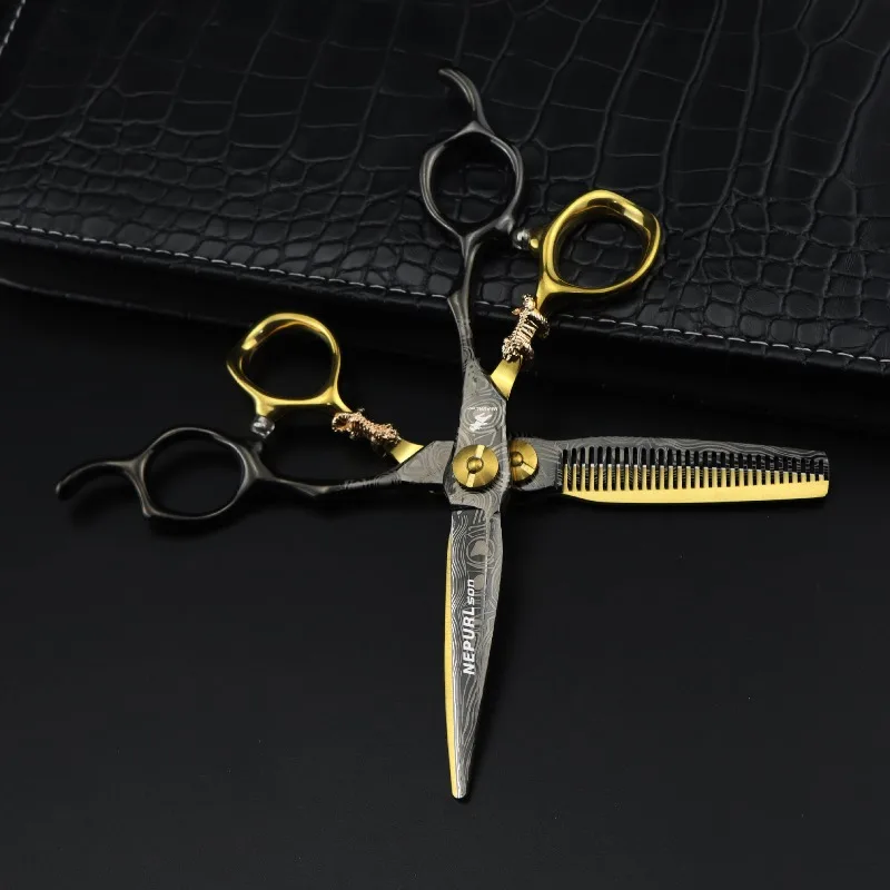 NEPURLSON 6.0-inch JP440C black and gold Damascus pattern hair scissors - straight cut, toothed cut  right-hand scissors