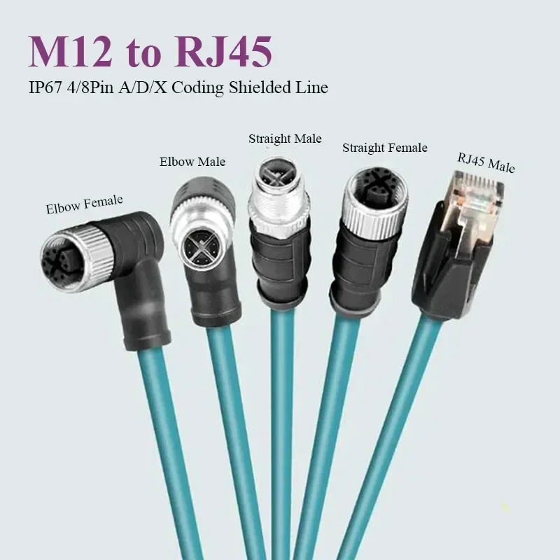 M12 D-code 4Pin to RJ45 Industrial Ethernet Wire Elbow Right Angle X-Code 8Pin Male Female Head to RJ45 Drag Chain Profinet Line