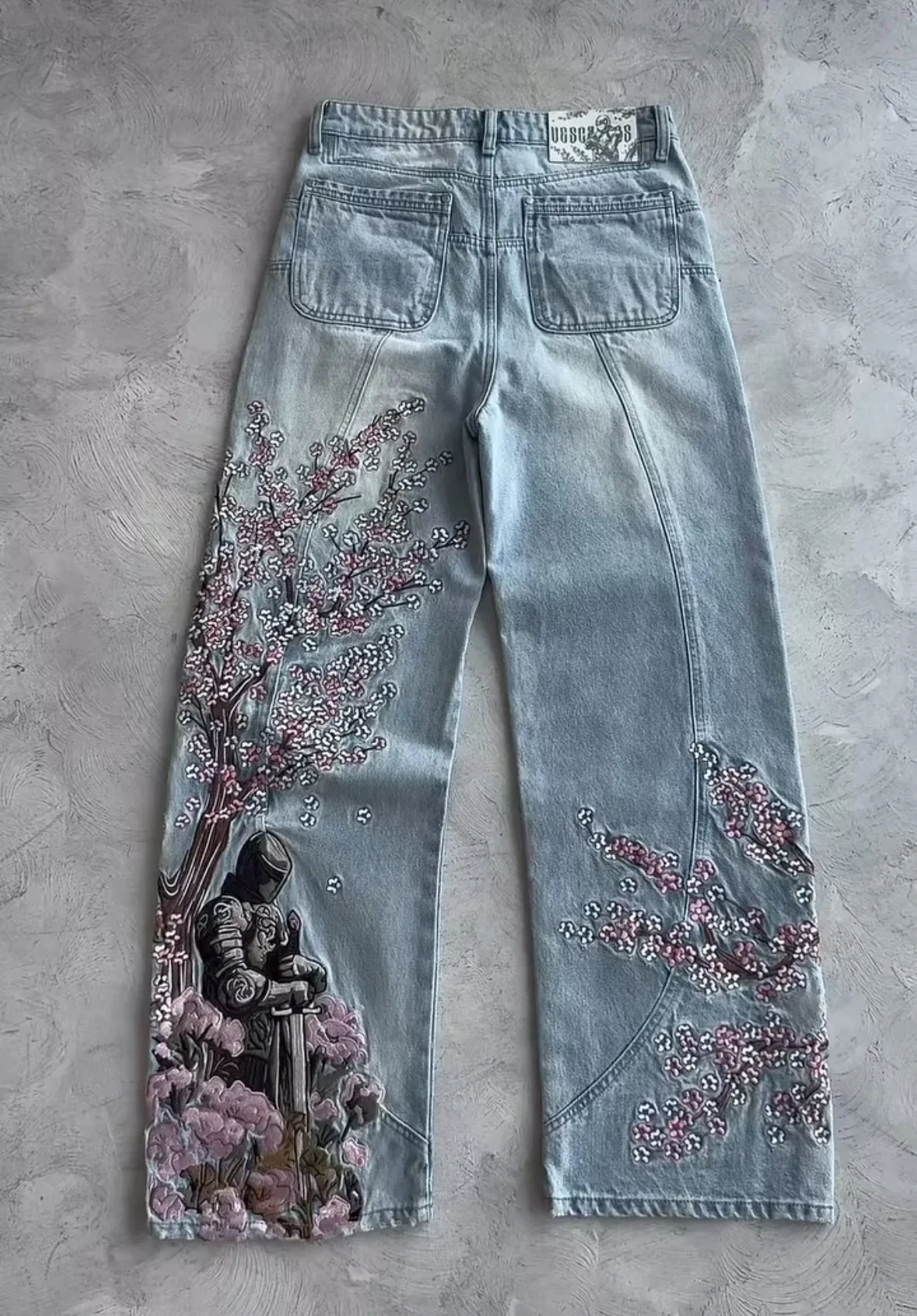 

Men Women Cherry Blossom Knight All Embroidery Denim Pants Y2k Vintage Baggy Street Straight Jeans High Waisted Washed Blue Jean
