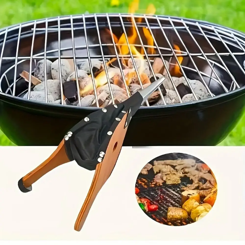 편안한 긴 손잡이 나무 BBQ 블로워 가죽 벨로우즈 금속 노즐 수동 에어 블로워 빠른 점화기 정교한 레트로