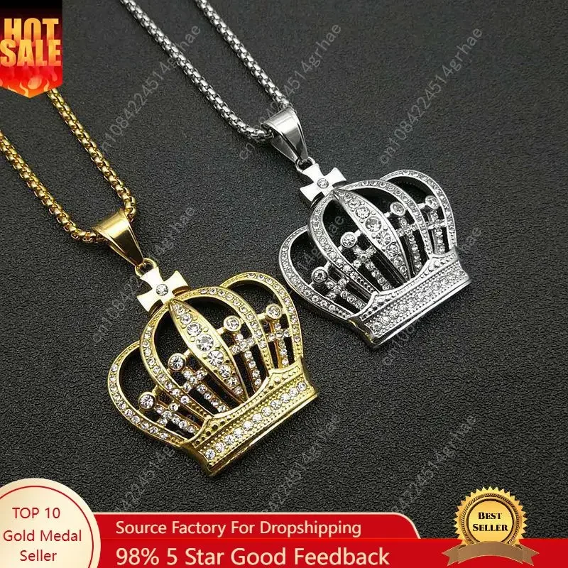 

New Men's Hip Hop Gold Silver 316L stainless steel Plated Iced Out Crystal King Crown Pendant Necklace Fashion Jewelry Gift