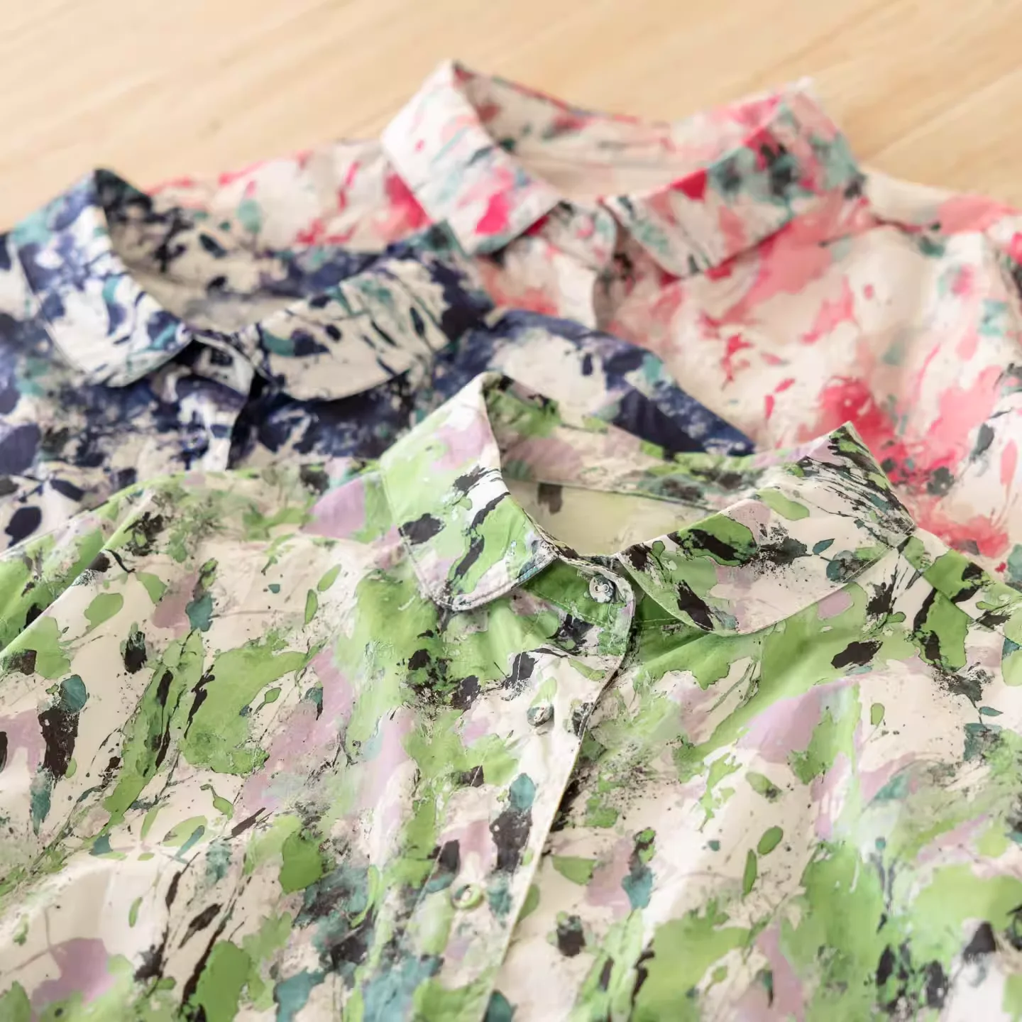 

Spring woman clothing 2026 green pink navy blue tie-dye print oversized shirts long sleeve blouses for women 100% cotton shirt