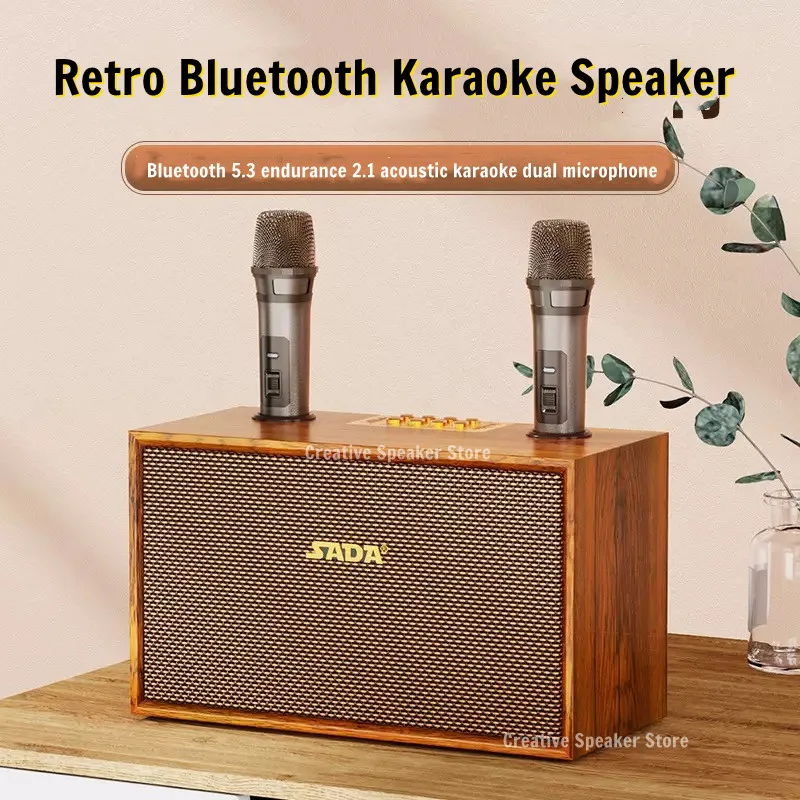 

Wood Karaoke Speaker Ultra High Power Bluetooth Speaker 6 Units Surround Sound Subwoofer Wireless Bluetooth Subwoofer with 2 Mic