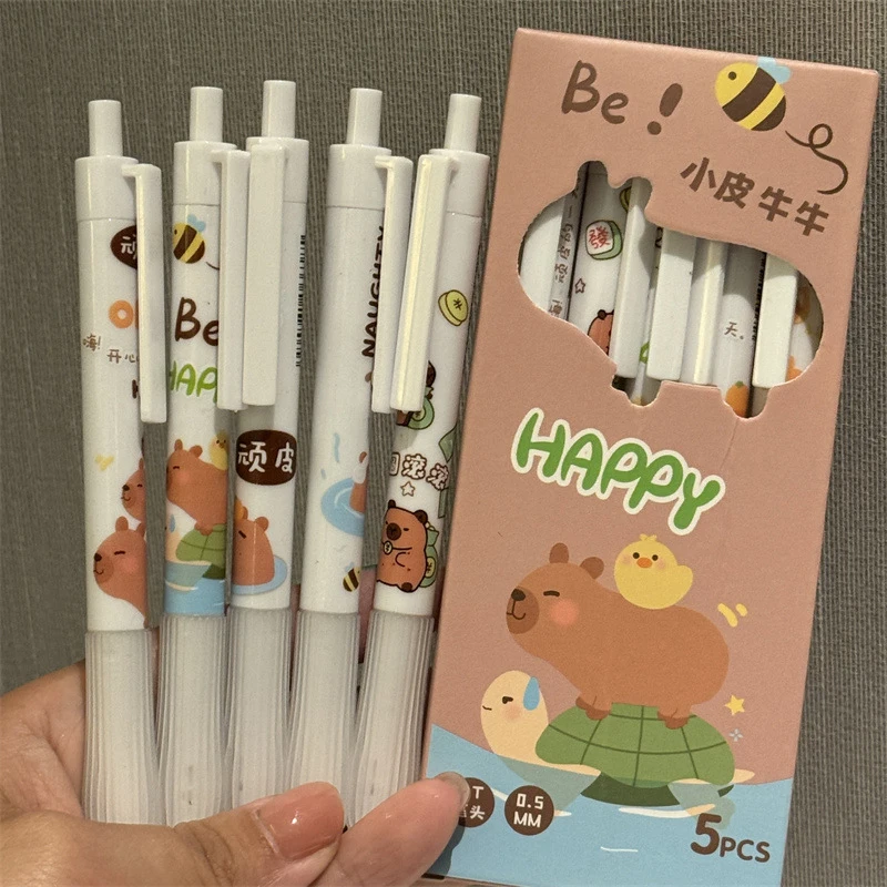 Capybara Cartoon Gel Pen, Escrita de Secagem Rápida, Papelaria Estética Suave, Escritório e Material Escolar, Moda Kawaii, 5Pcs