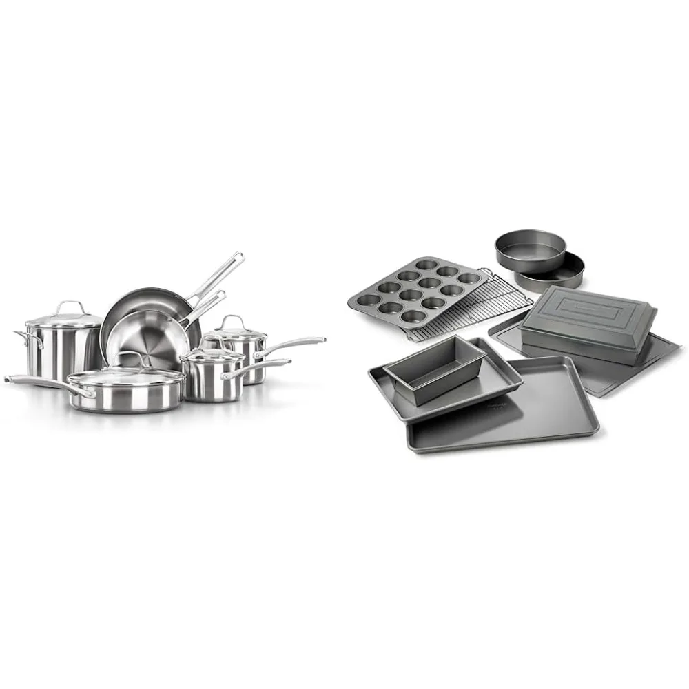 

10-Piece Pots and Pans Set, Silver & Nonstick Bakeware Set, 10-Piece Set Includes Baking Sheet, Cookie Sheet, Cake Pans