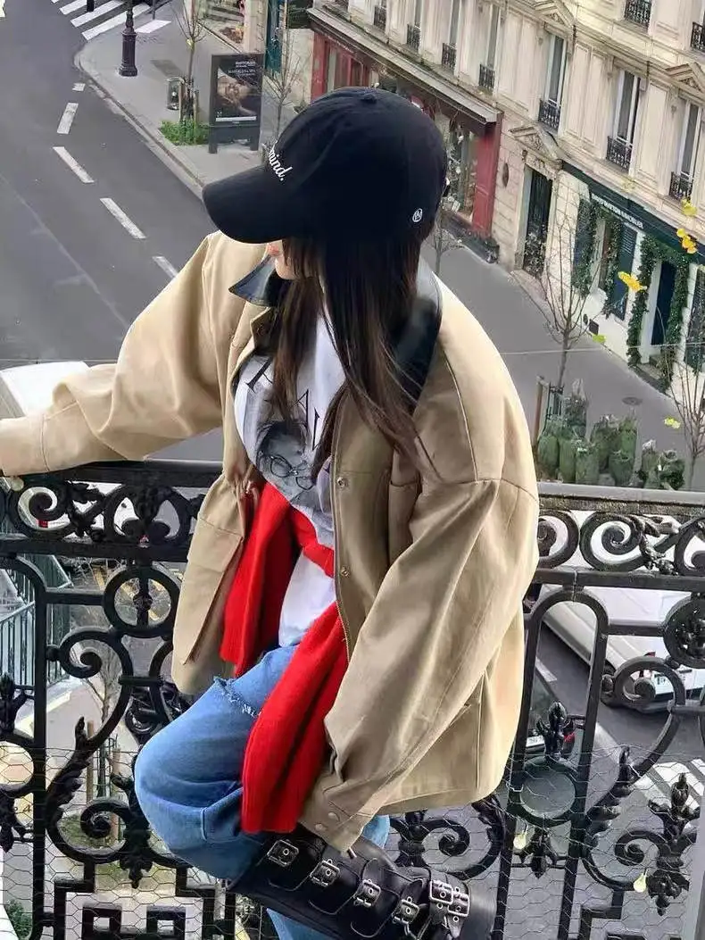 Koreańska kurtka wiatrówka damska Sle Color Blo na wiosnę i jesień, sztruksowa, z kołnierzem irt, z dużym krojem, efekt wyszczuplający.