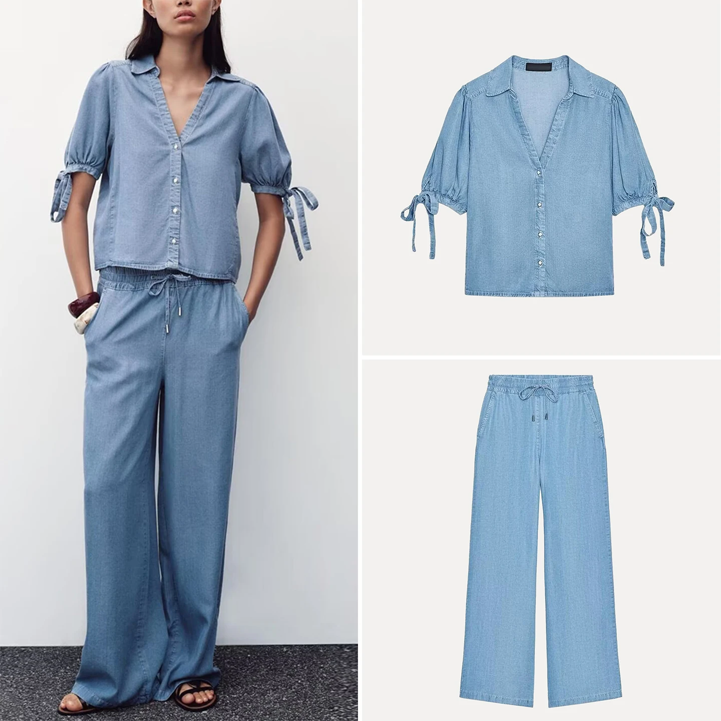 

Женский комплект Z Faion 2025 ort Sve irt и широкие брюки с эластичной резинкой на талии, дышащее полиэфирное волокно, четыре сезона