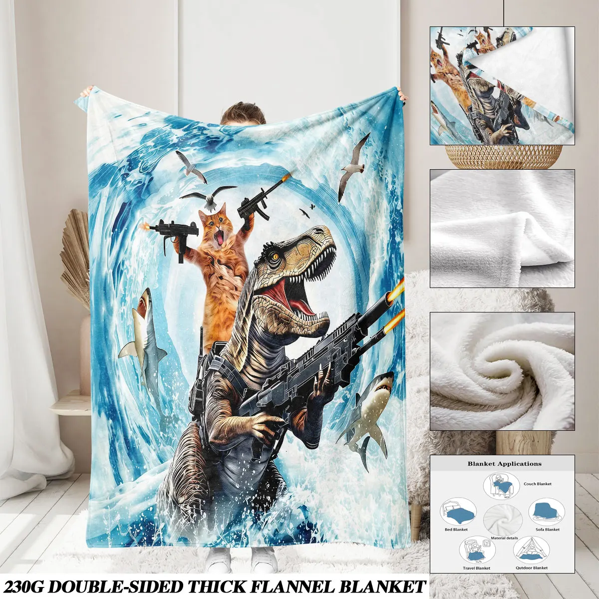1pc Gun Holding Orange Cat Ride T‑Rex Surf Print Flannel Blanket Soft Comfortable For Sofa Lounge Nap Break Home Decoration G