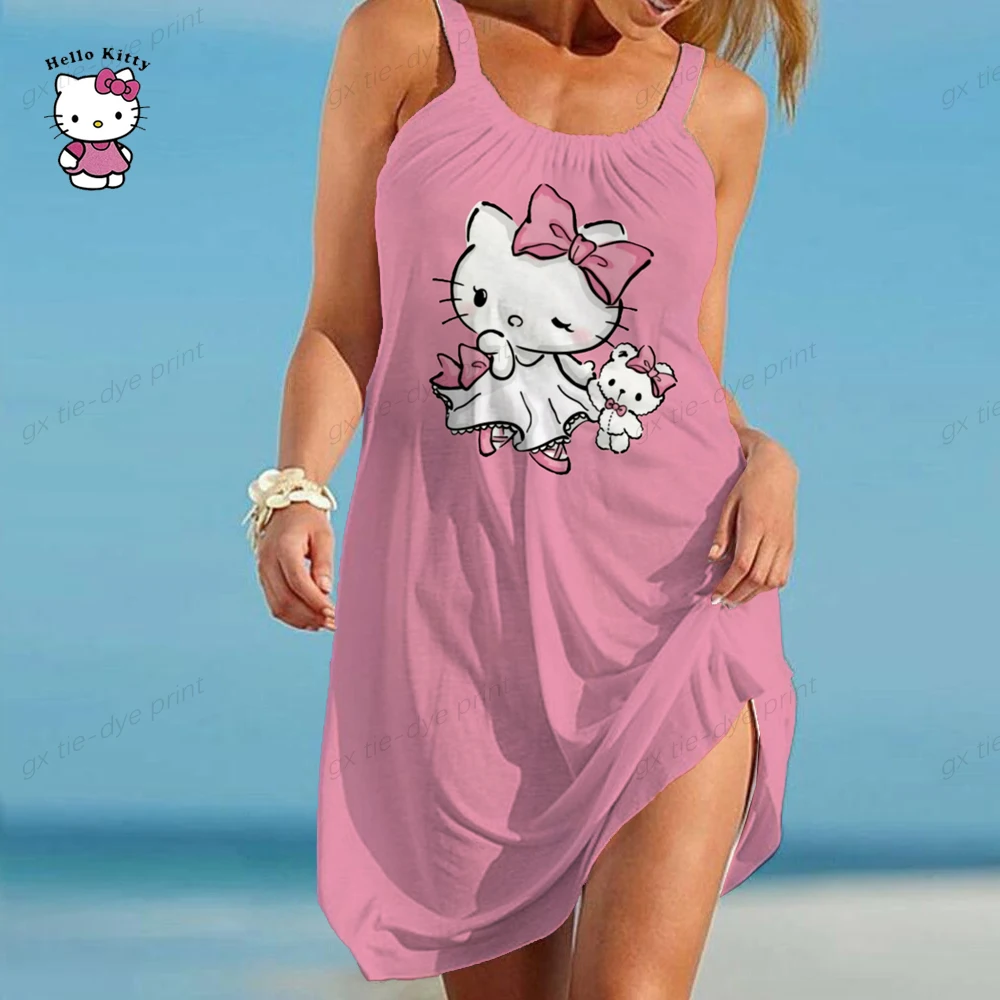 2023 seksowna sukienka damska letnia O dekolt w stylu Vintage Boho impreza na plaży sukienka plażowa Hello Kitty Oversize Sundress