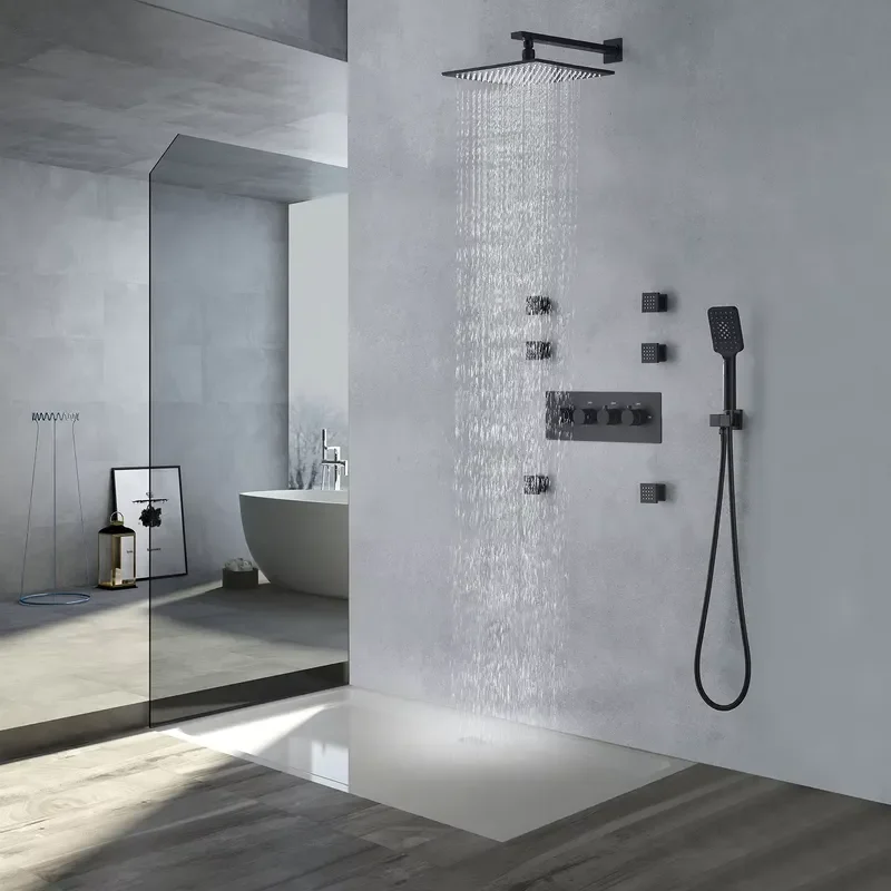 Factory Wholesale Bathroom Brass RGB LED Rain Shower Head Set With 6 Massage Jets Spa Shower Faucet System