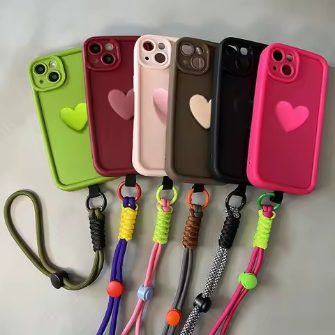 A56 A36 A26 5G With Lanyard Cute 3D Love Heart Matte Case For Samsung Galaxy Note 20 S25 S24 FE S23 S22 S21 FE Ultra Plus Cover