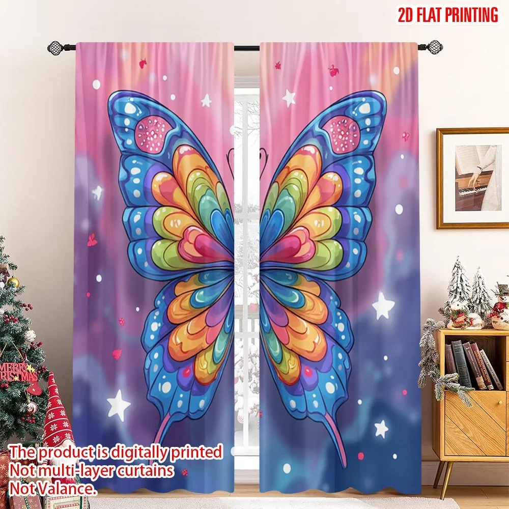 2 قطعة 2D ستائر الطباعة المسطحة نابضة بالحياة قوس قزح فراشة الرقمية المطبوعة البوليستر الستائر زينة الحفلات مثالية للمنزل و #1