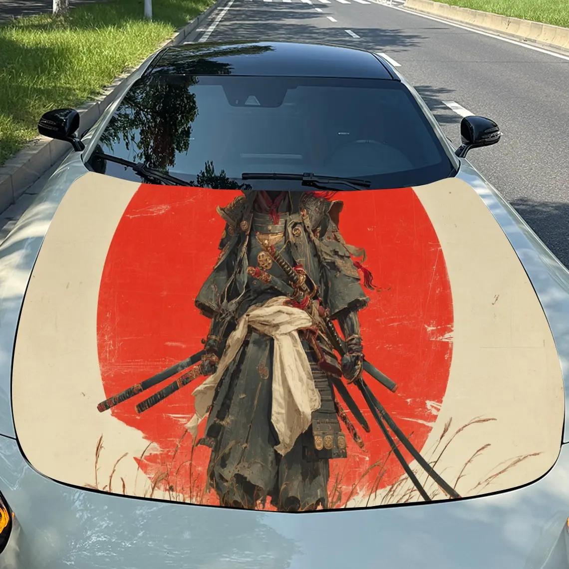 

Majestic Samurai Silhouette Red Sun ПВХ виниловые обертывания капота двигателя автомобиля, самоклеящаяся водонепроницаемая наклейка на капот автомобиля, декор автомобиля