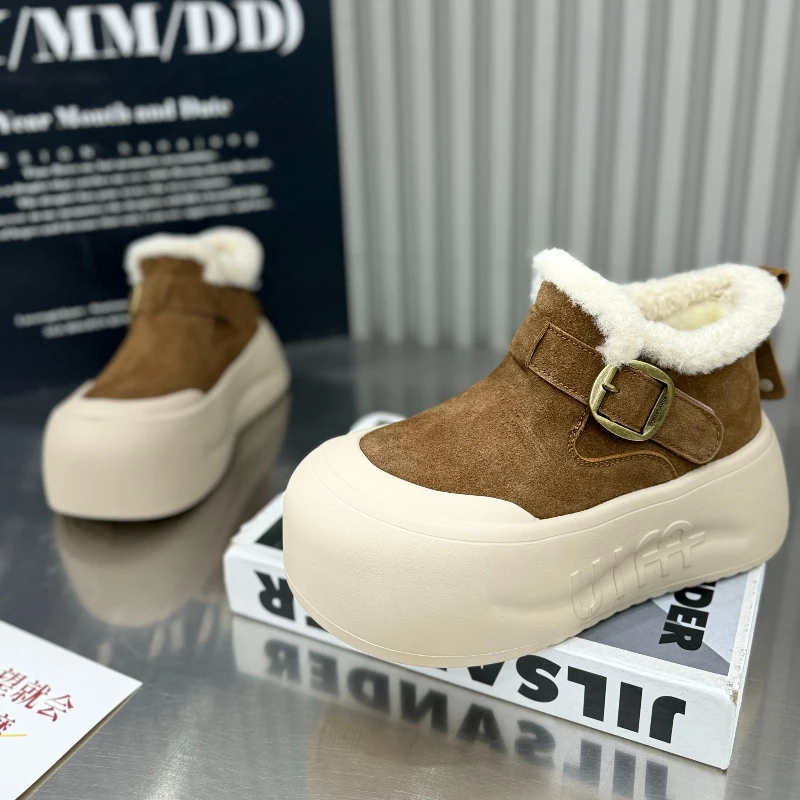 

Ботильоны на толстой подошве, увеличивающие рост, зимние теплые современные ботинки, модные женские ботинки с пряжкой и ремешком, флисовая женская хлопковая обувь
